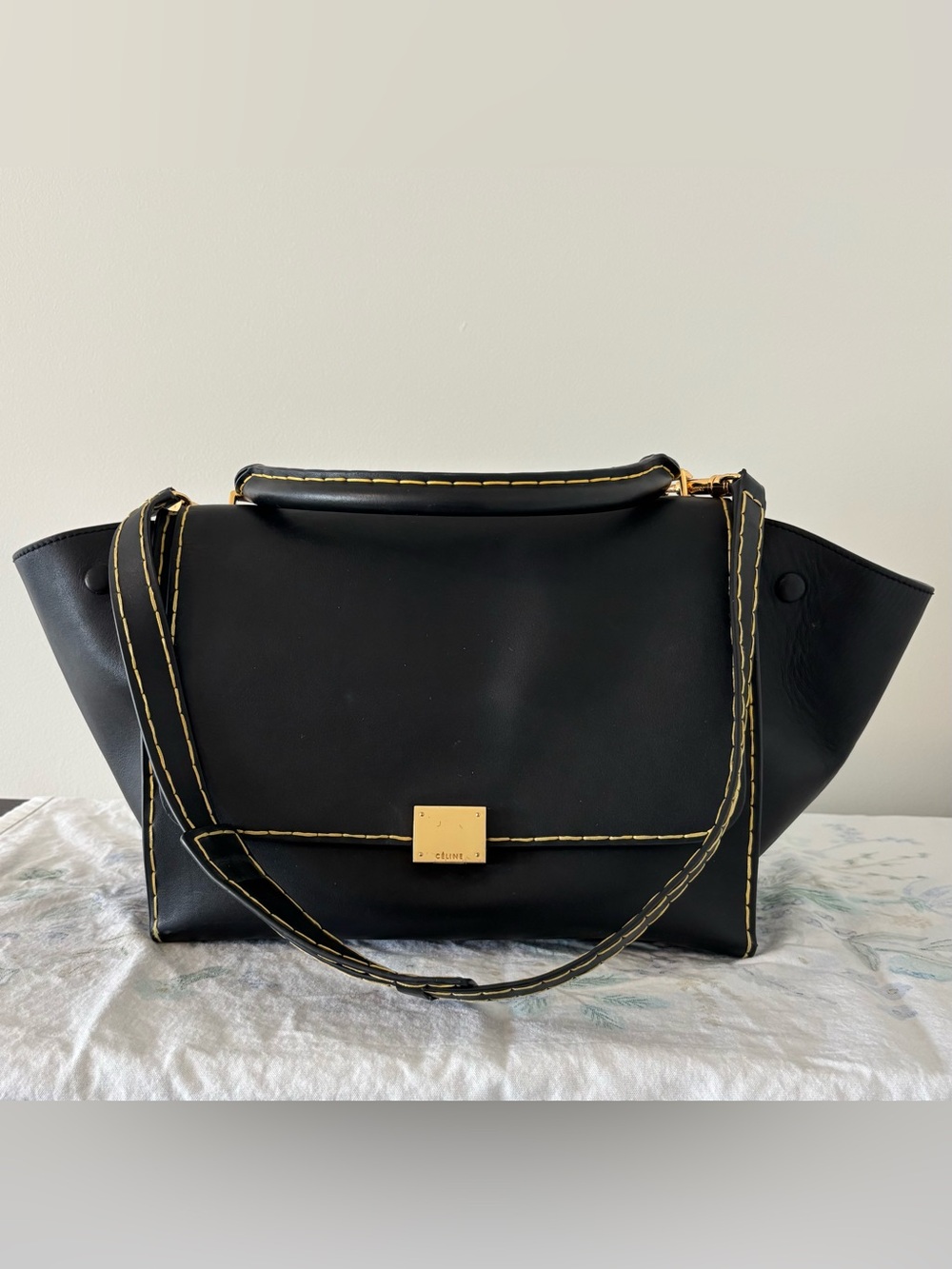 Celine Black Leather Shoulder Bag with Yellow Stitching and Gold Hardware
